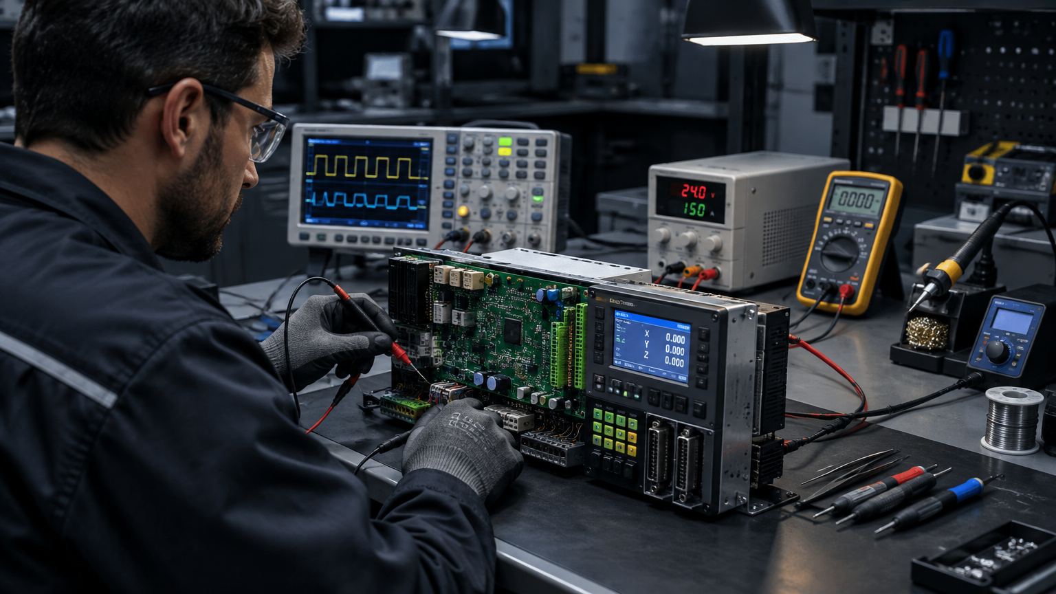 Técnico da PB TEC testando módulo de comando numérico computadorizado CNC em bancada de testes no laboratório