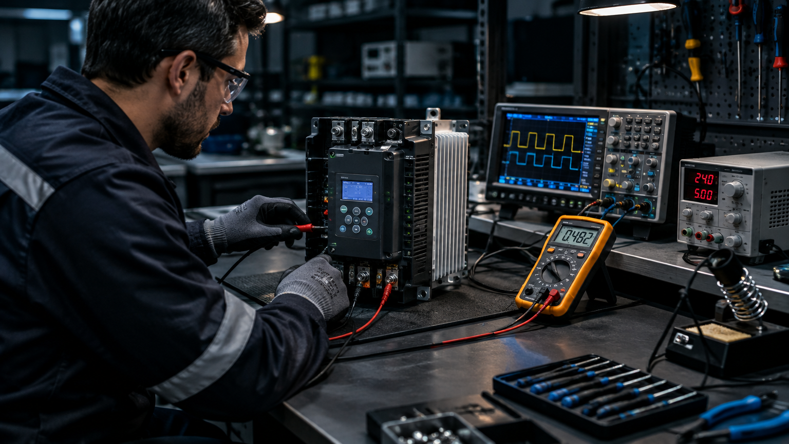 Técnico da PB TEC testando soft starter industrial em bancada de testes no laboratório